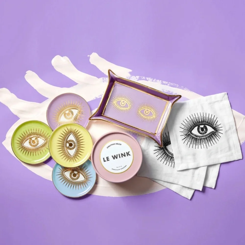 NEW Jonathan Adler Wink Pin Gold Evil Eye Coaster Set